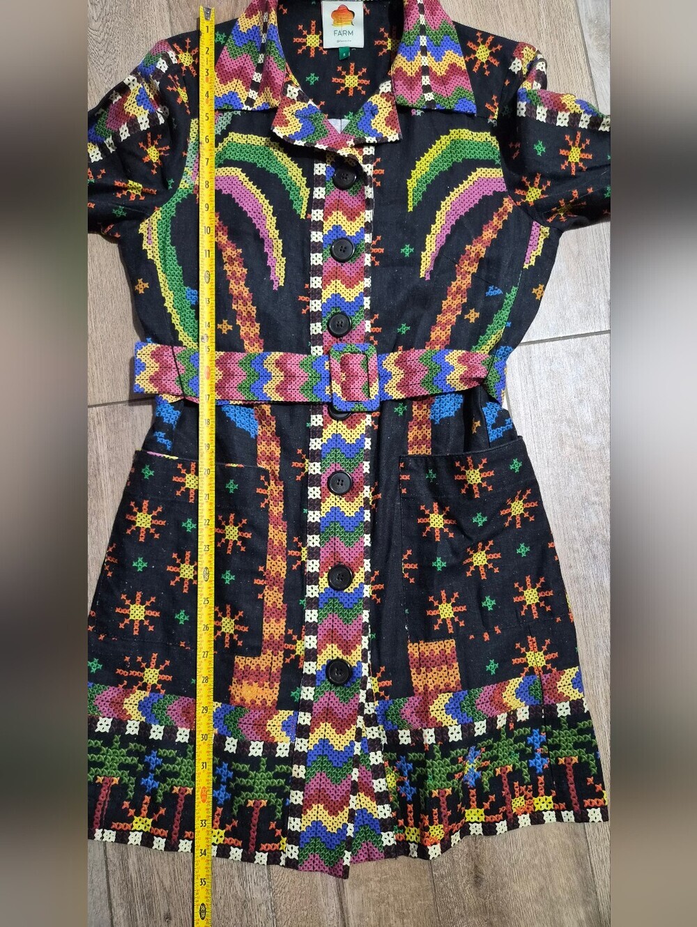 Farm Rio Macaw Night Long Sleeve Linen Blend Mini Colorful Belt Dress Size S - Picture 13 of 15